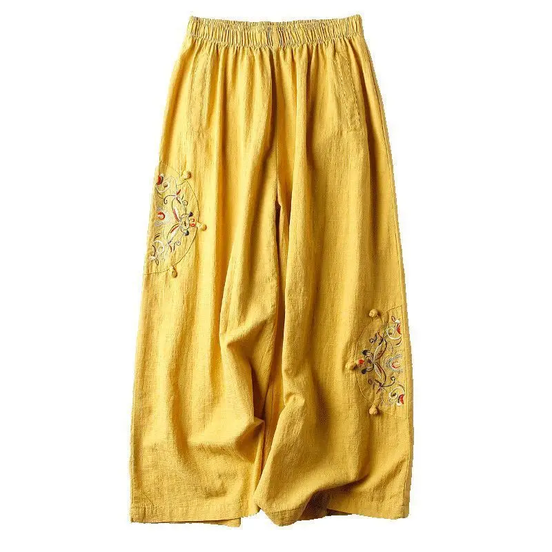 

Vintage Folk Summer Cotton Hemp Thin Style Embroidery Women's Elastic Waist Frog Casual Loose Wide Leg Ankle Length Pants