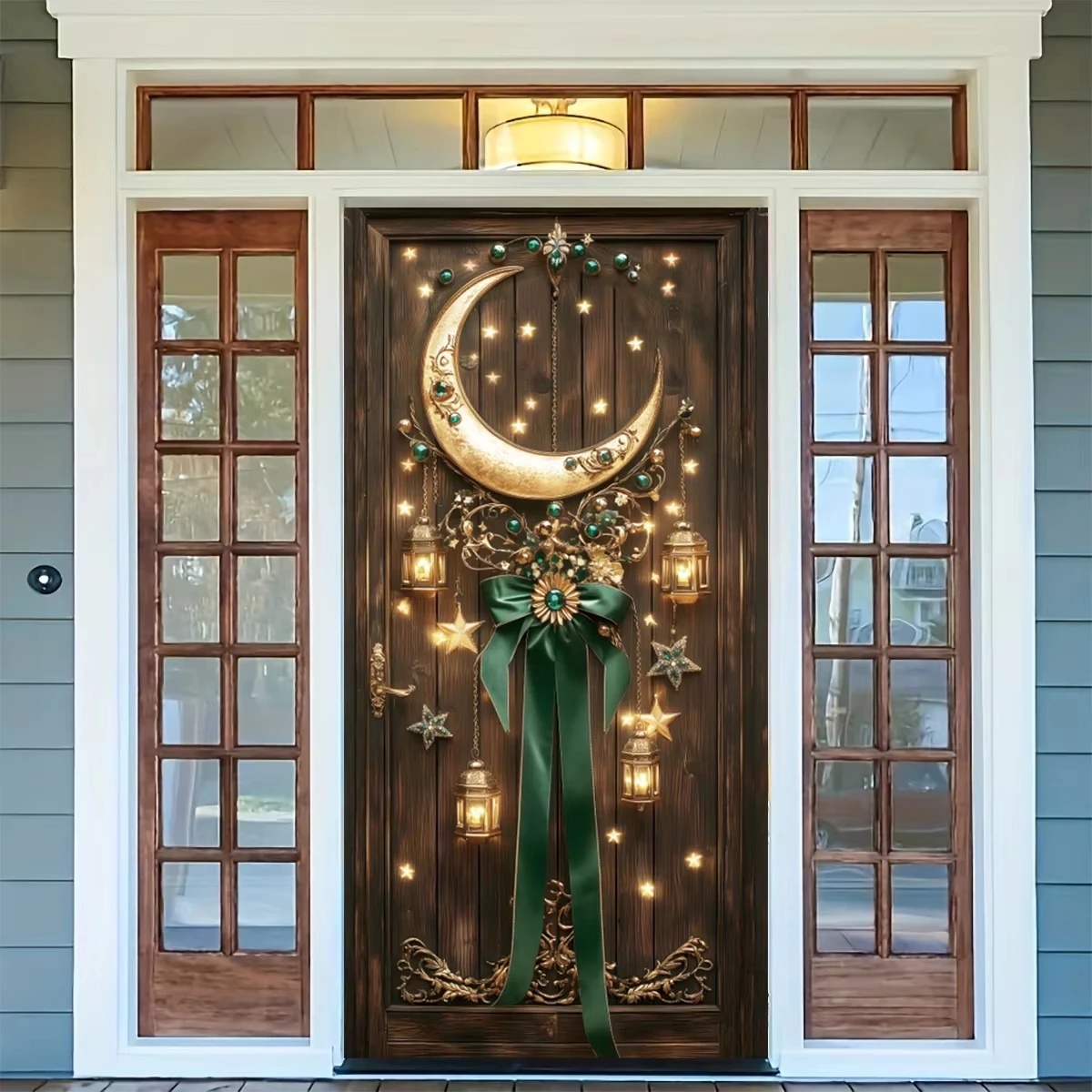 Eid Mubarak Door Cover Backdrop Moon Ramadan Mubarak Islamic Muslim Eid Al-Fitr Gifts Indoor Outdoor Porch Door Background Decor