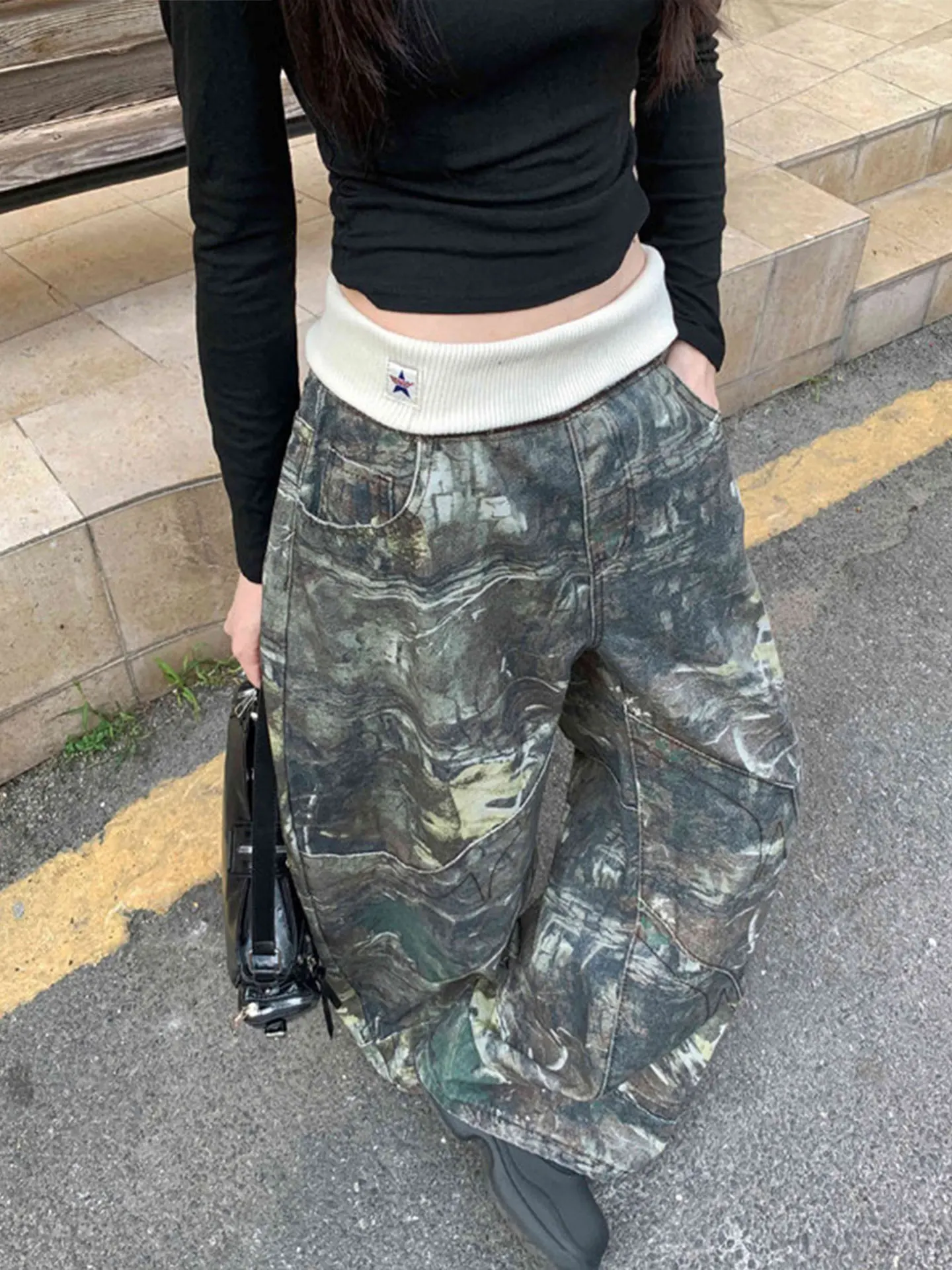 

Low Waist Wide Leg Jeans Women's Summer Casual Straight Cut Trousers American High Street Foldover Threaded Waist Design