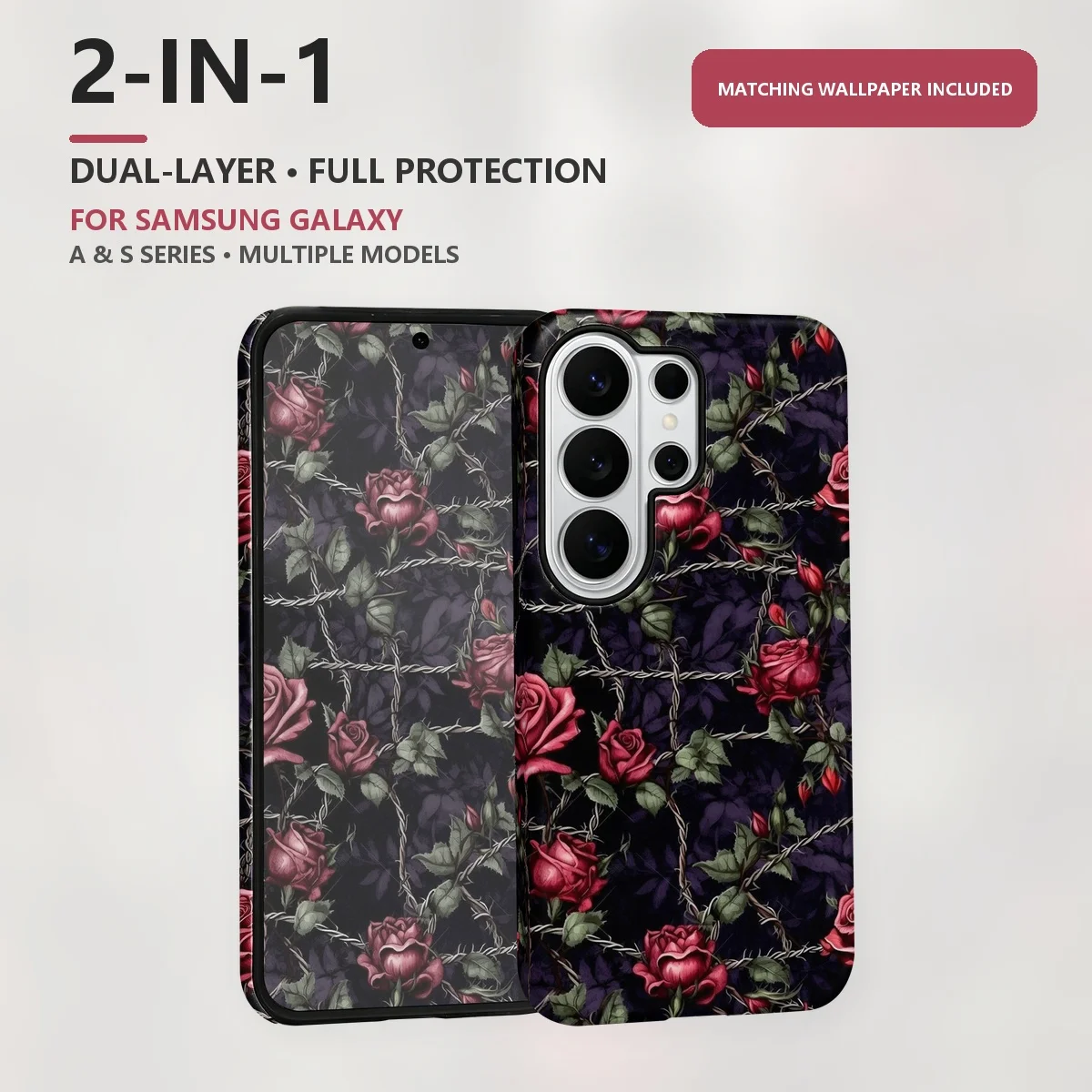 Red Roses Barbed Wire 2-in-1 Dual-Layer Phone Case for Samsung Galaxy S26 S25 S24 Plus Ultra FE S20 FE A56 A17 A16 A15