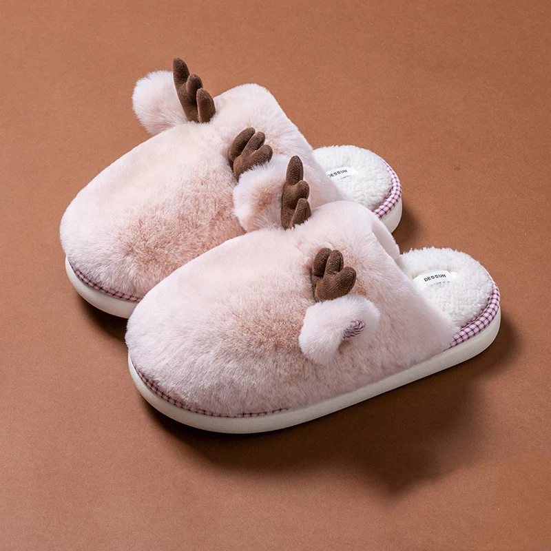 Fluffy Fur Soft Thick Bottom Indoor Slippers Women 2025 Winter Antlers Decorated Furry Christmas Slippers Couple's Home Slides - Image 6