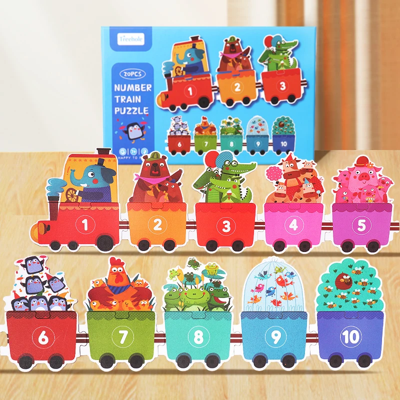 Juego de rompecabezas de tren para niños, juguetes cognitivos de números de animales educativos de aprendizaje de madera para niños, rompecabezas a juego Montessori de gran tamaño