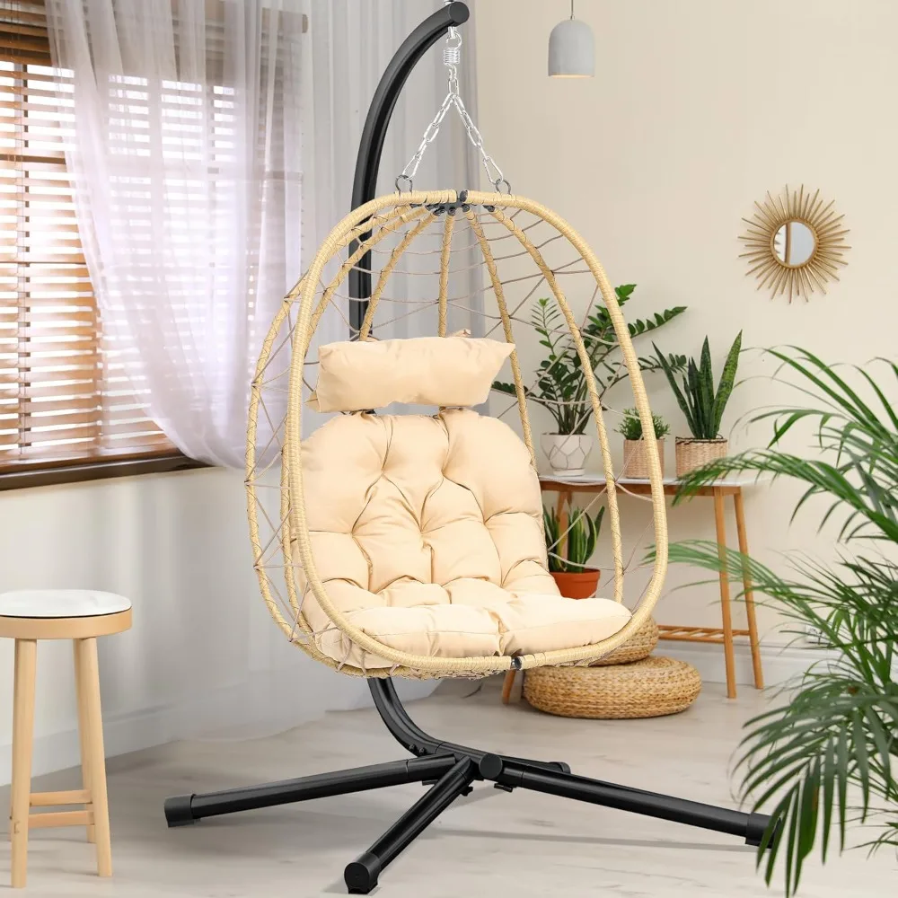 

Hanging Egg Chair with Stand Swing Chair Wicker Indoor Outdoor Hammock Egg with Cushions 330lbs for Patio, Bedroom, Garden and