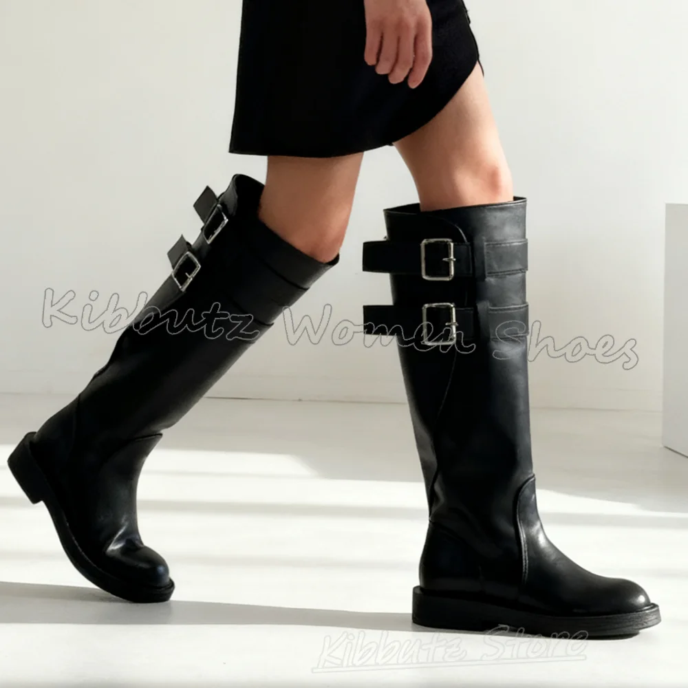 

Knee High Boots Belt Buckle Slip-On Leather Fashion Novelty Sexy Concise Elegant Solid Color Round Toe Flat with Women Shoes New