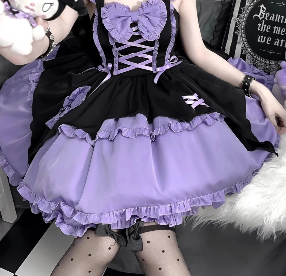 Sommerkleid Damen Original Design Lolita Kleid Lila und Schwarz Halloween Hexe Lolita JSK Hosenträgerkleid Haarnadel Kostenlos