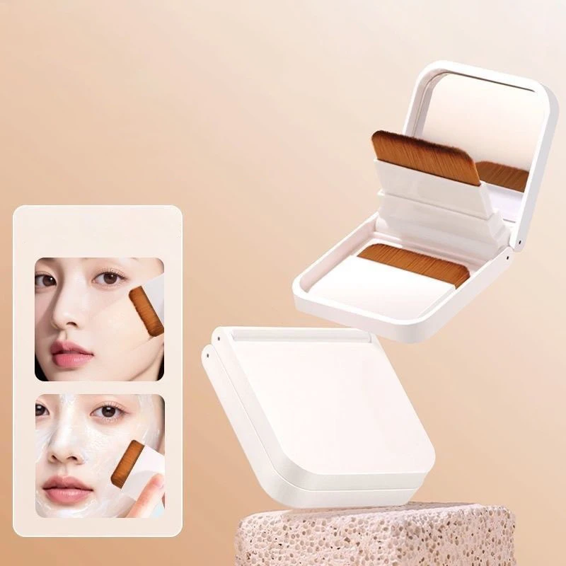 2Pcs Ultra-thin Compact Foundation Brush With Mirror Box Easy To Carry Flat-head Makeup Brush No Trace Replaceable Makeup Tools