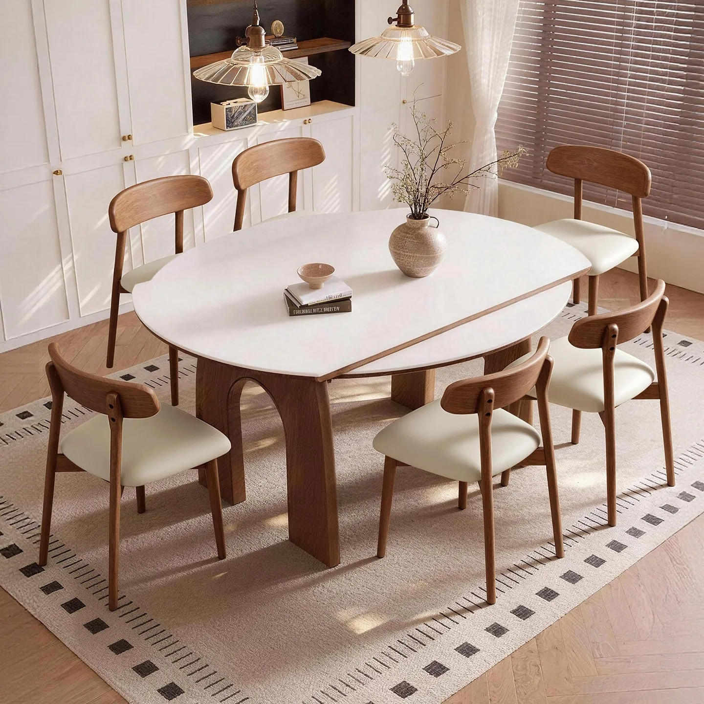 Solid wood retractable dining table household Arc de Triomphe variable round dining table small apartment table and chair combin