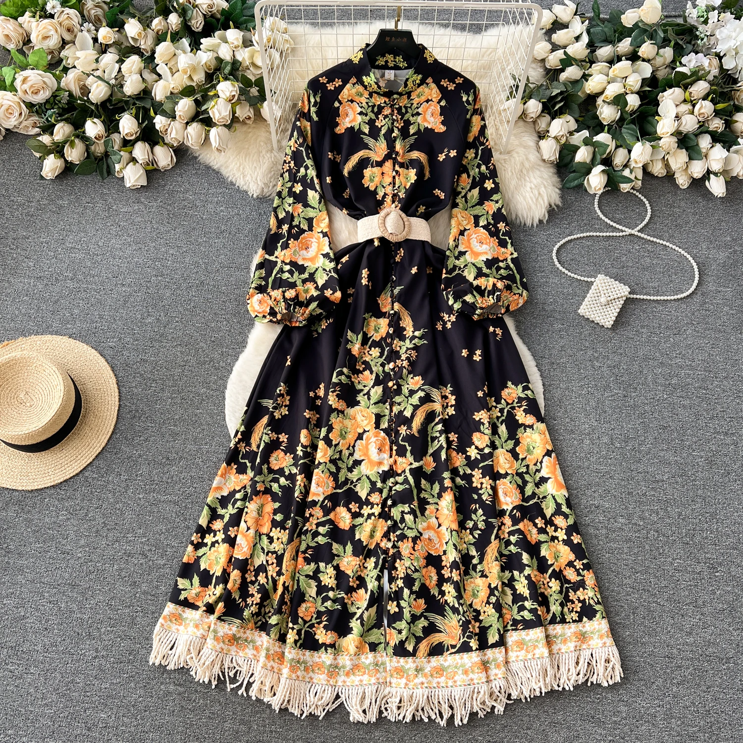 Palace Women's New Fashion Spring Autumn Wear Printed Slim Long Bubble Sleeved Single Breasted Elegant Dress Vestidos L482