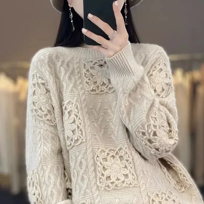 Autumn and Winter Wool Sweater Women\'s Round Neck Crochet Hollow Knitted Sweater Loose and Lazy Trendy Heavy-duty Cashmere Base