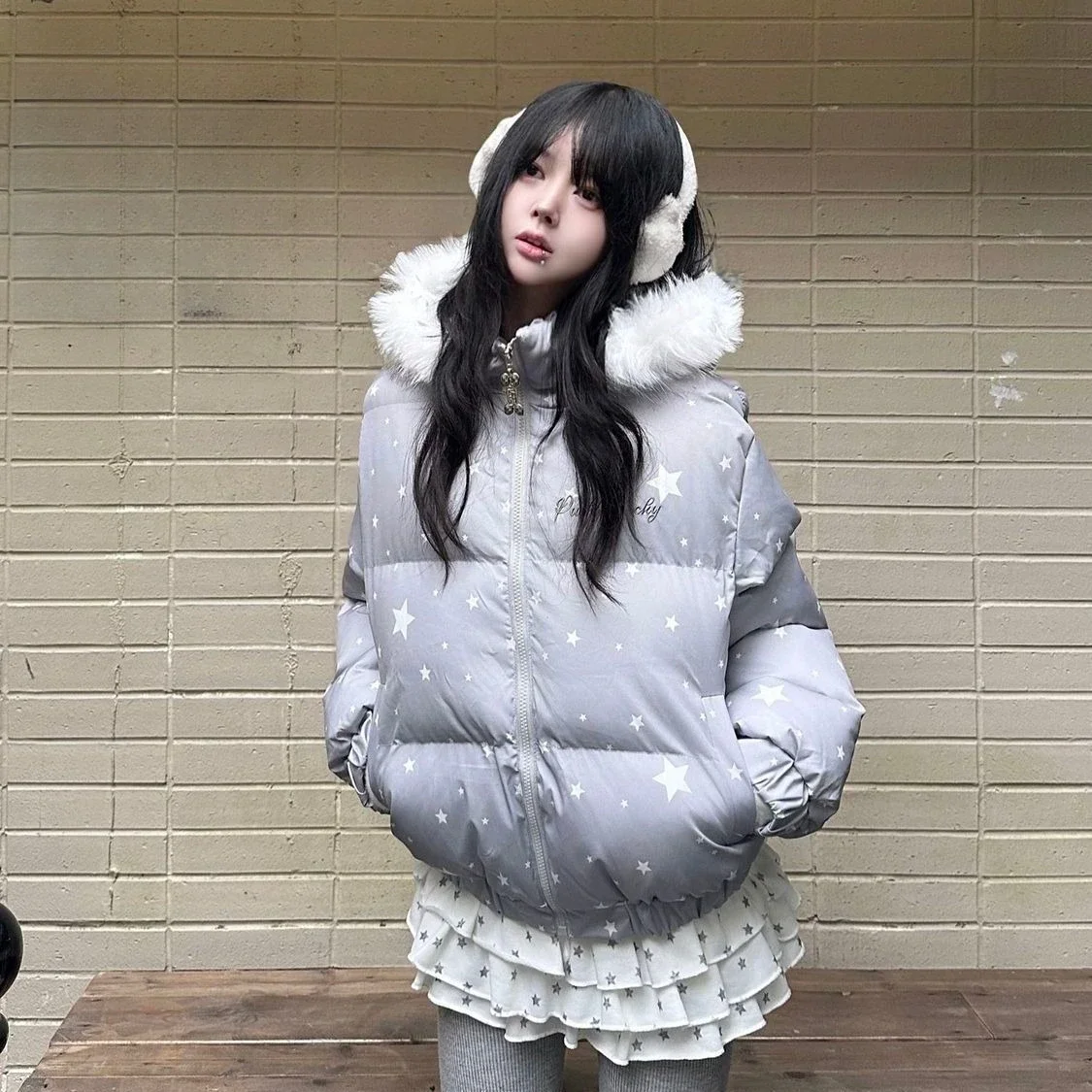 Y2k High Street Elegant Fur Collor Hooded Coat 2000s Print Kawaii Parkas Coats American Vintage Zipper Streetwear Casual Jackets