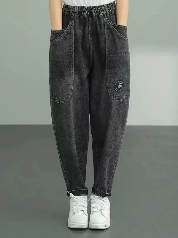 

Весенне-осенние новые женские свободные джинсы с эластичной резинкой на талии, большие размеры, повседневные универсальные длинные брюки Харлан, хлопковые брюки с высокой талией