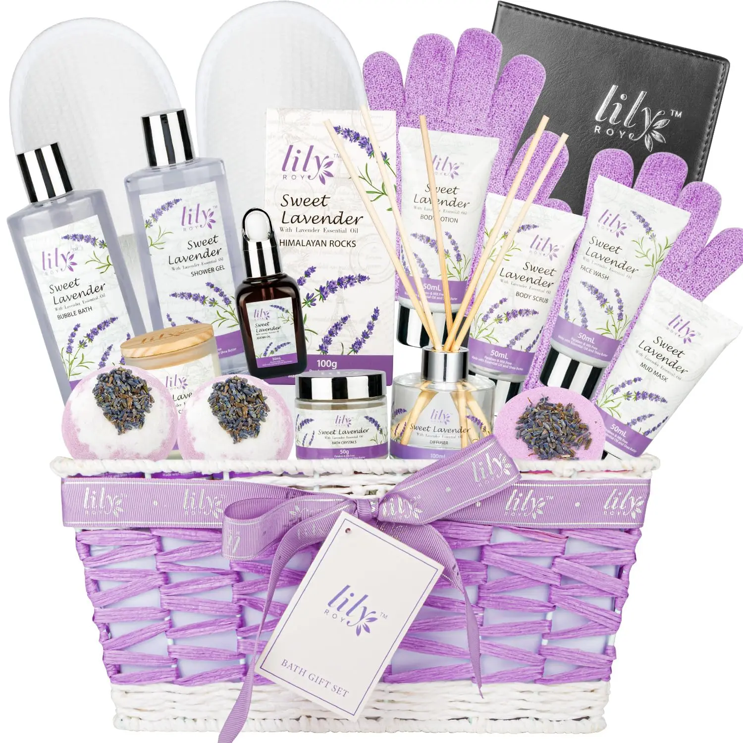 

Mothers Day Gift for Mom - Relaxing 18-Piece Bath and Body Basket for Women Lavender Spa Gift Basket Set Bath Collection with Ba