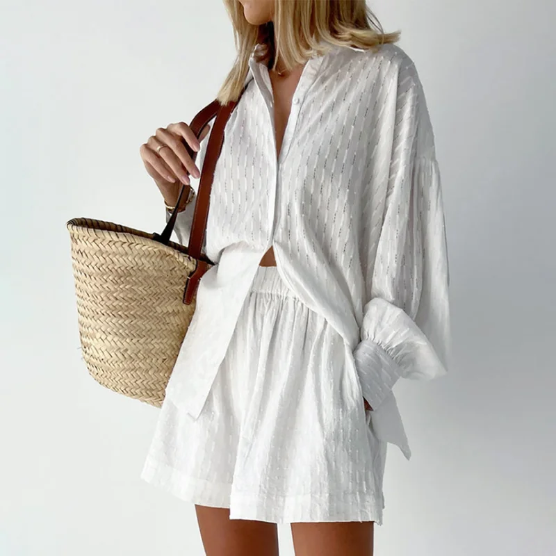 Suits Women Long Sleeves Shirts and Hot Pants Two Pieces Outfits 2023 Summer White Elegant Jacquard Fabric Soft Vacation