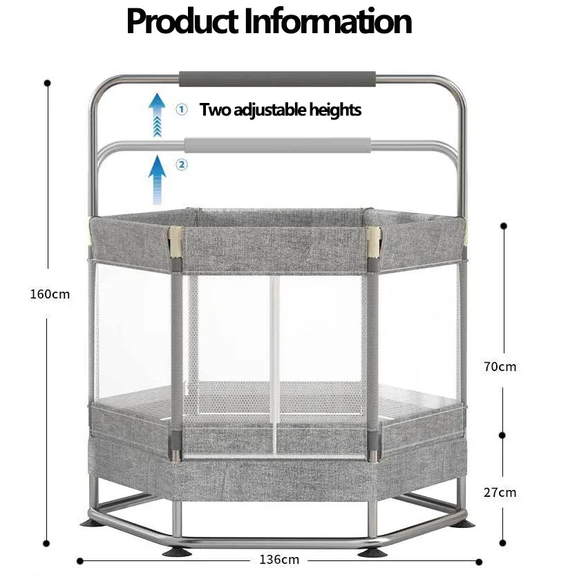 55-Inch Hexagonal Trampoline 360° Full Armrests Home Children's Indoor Jumping Bed with Guard Net Children's Gym Equipment