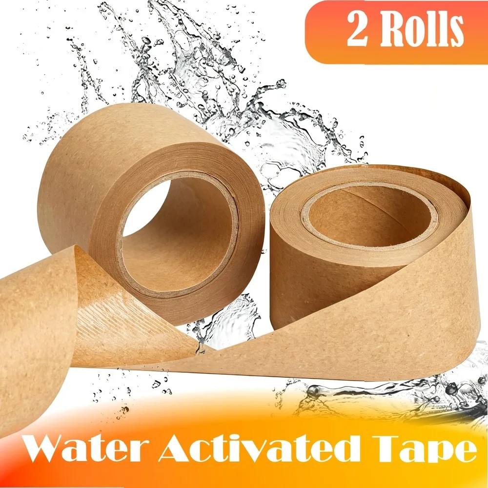 Water Activated Tape Brown Packing Tape 2 Rolls, Kraft Paper Tape for Moving Shipping Storage Crafts (1.42in X 32yd)