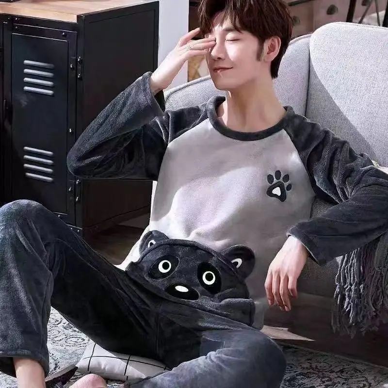 2022 Winter Long Sleeve Thick Warm Flannel Pajama Sets for Men Coral Velvet Cute Cartoon Sleepwear Suit Pyjamas Homewear Clothes