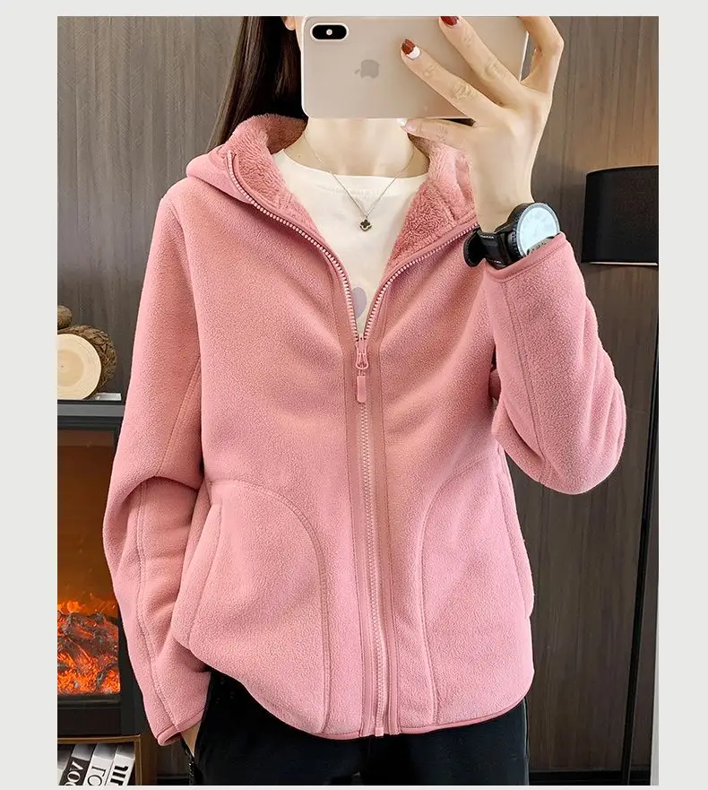 Zip-up Hooded Double-sided Wear Flannel Sweatshirt Women Thick Slim Fleece-lined Jacket Outdoor Sports Y2k Autumn Winter Coat