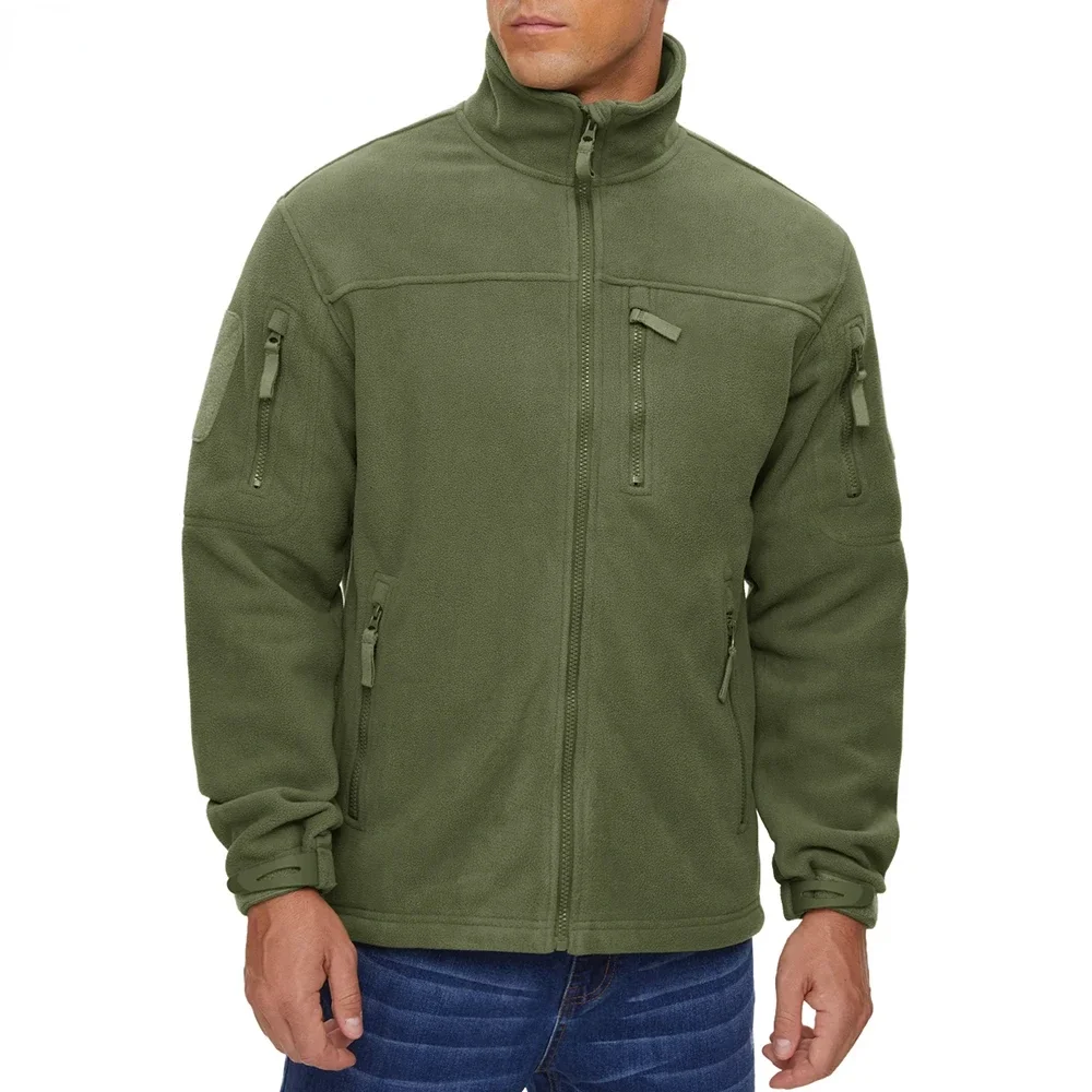 Full Zip Up Green Fleece Jacket Thermal Warm Work Coats Mens Zipper Pockets Jacket Hiking Training Outwear Windbreaker