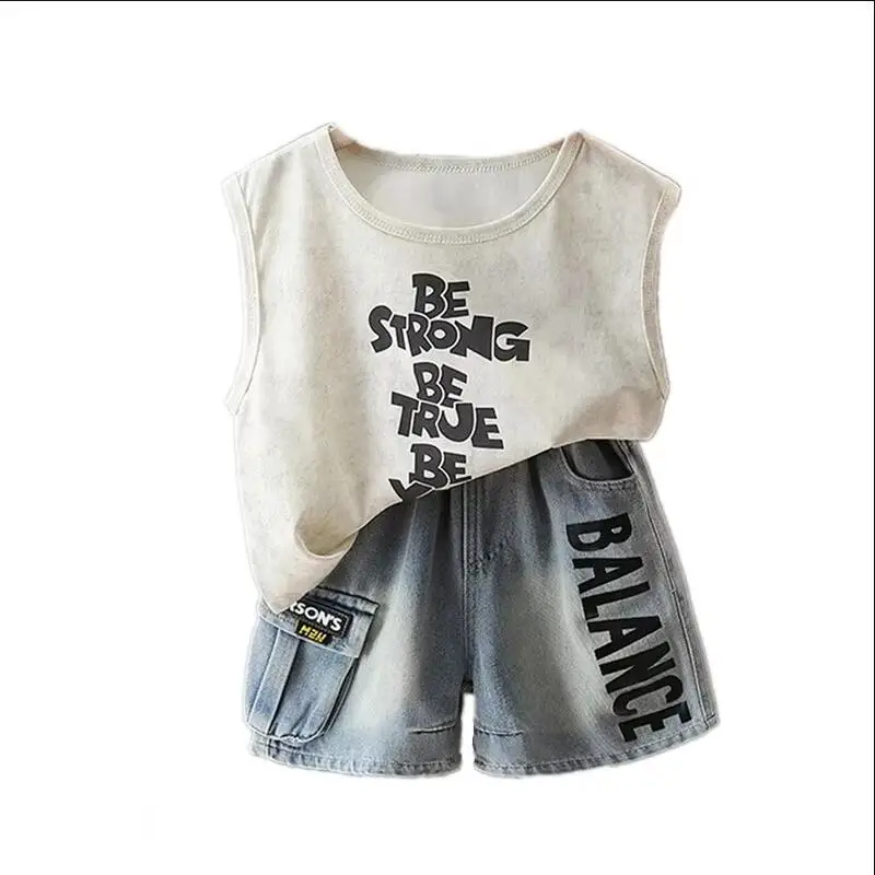 

Модная одежда для мальчиков, летний детский комплект одежды, хлопковый детский повседневный костюм, жилет для мальчиков + джинсовые шорты, 2 шт./компл., детская уличная одежда