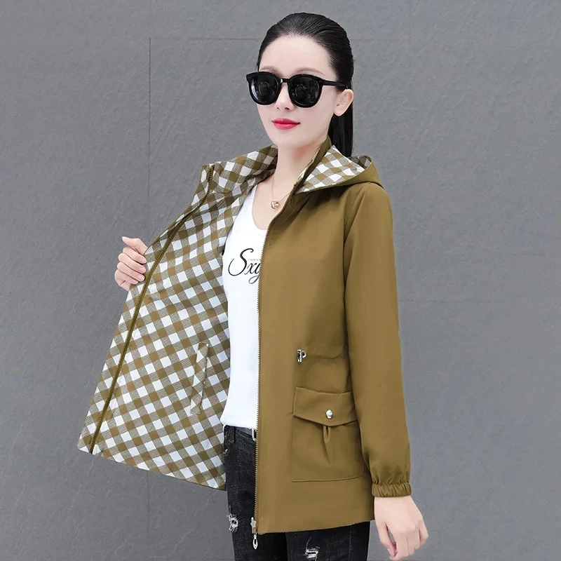 

Double- Sided Trench Coat Womens 2024 Spring Autumn New Hooded Windbreaker Jacket Female Slim Outerwear Tops Ladies 4XL