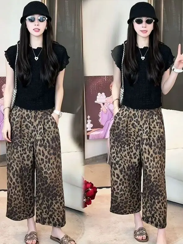 High Waist Wide Leg Casual Pants Women's plus Size Straight Cut Summer 2026 Leopard Print Design Slimming Eighteen Pants