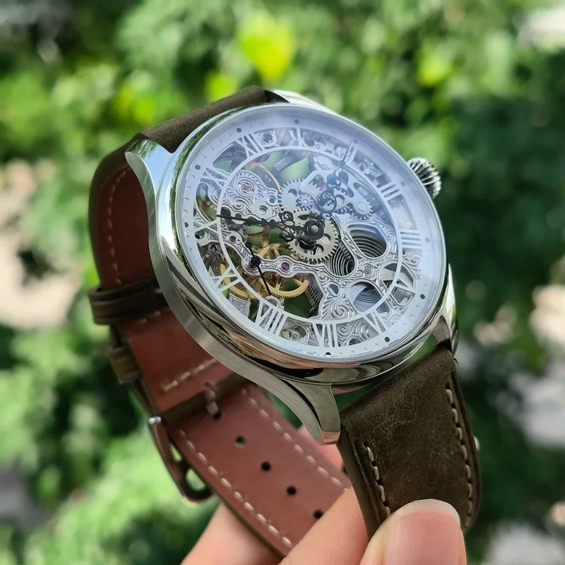 Men's 44mm Large Case Manual Mechanical Watch Roman Numeral Dial Seagull St3600k Fully Skeletonized Movement3atm Water Resistant