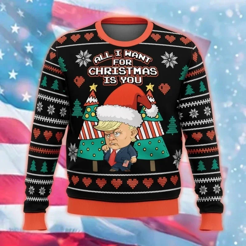 Sudadera navideña con estampado completo de Donald Trump, ropa para hombre, sudaderas con capucha divertidas de manga larga informales, novedad en chándal para hombre