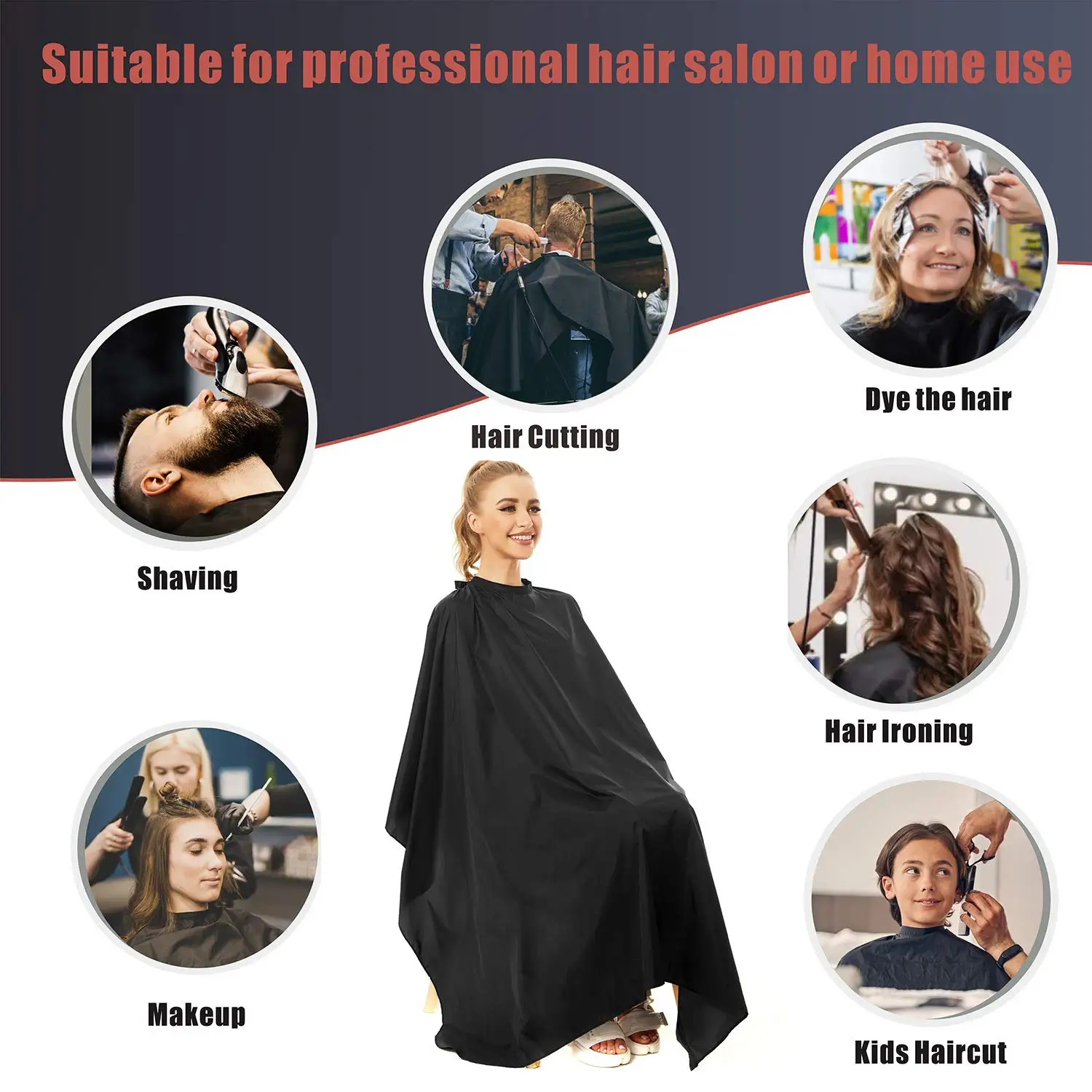 Cape en nylon pour salon de coiffure professionnel, avec fermeture à pression, accessoires de coupe de cheveux noirs, étiquette personnalisée