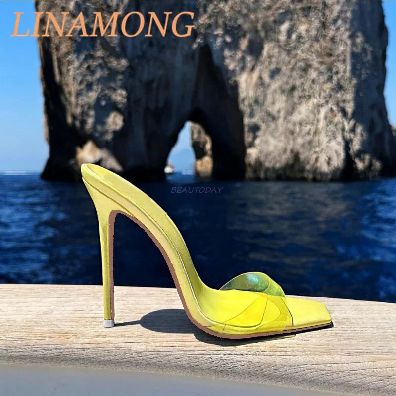 

Square Headed Transparent Straight Strap Sandals Fashionable Simple Style Slim High-Heeled Slippers Stylish Minimalist Style