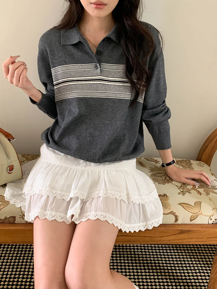 Sweter longgar lengan panjang kerah bergaris kasual wanita musim gugur dan musim dingin