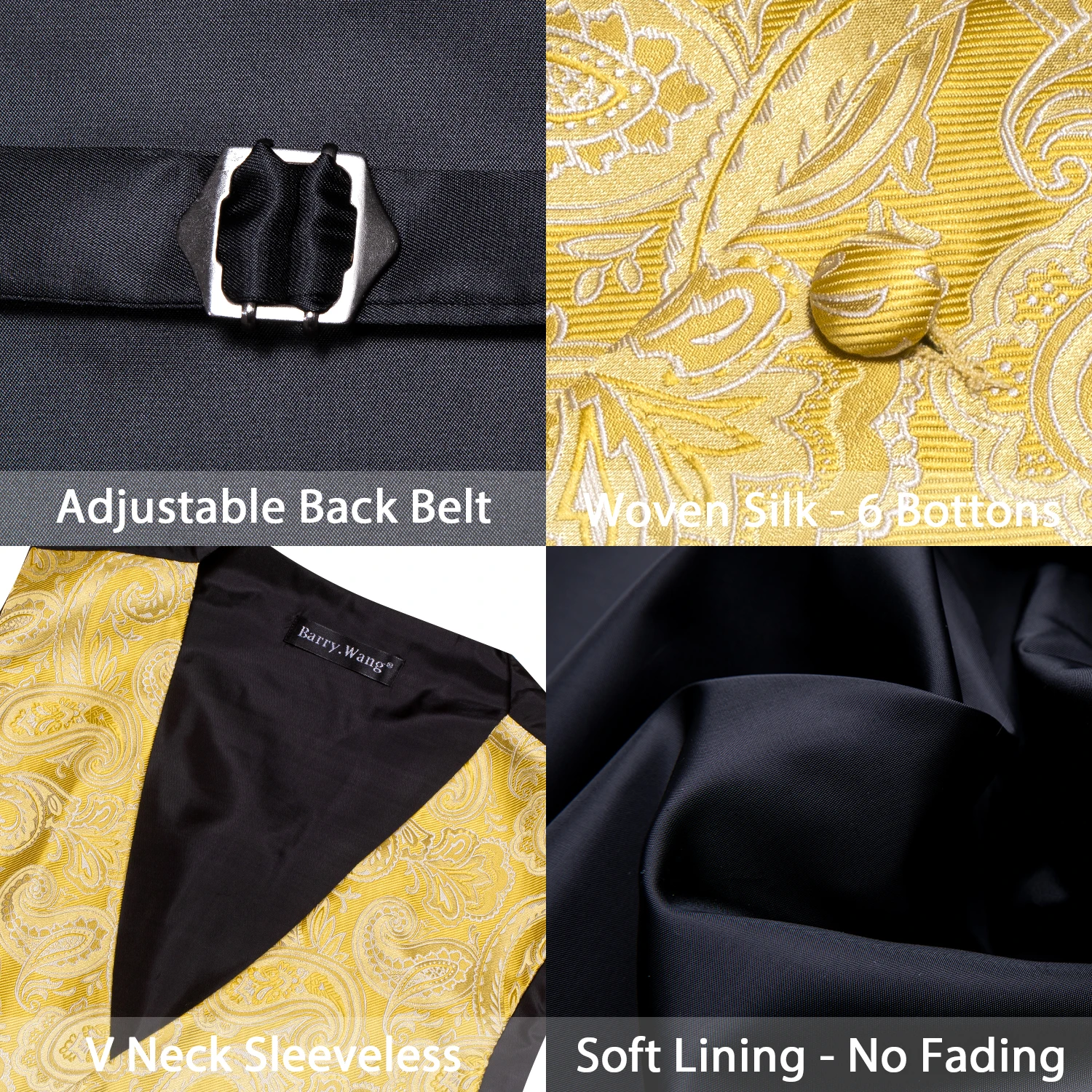 Gold Yellow Flaxen Silk Men Vest Tie Hanky Cufflinks Set Jacquard Waistcoat Sleeveless Jacket Male Wedding Business Barry.Wang