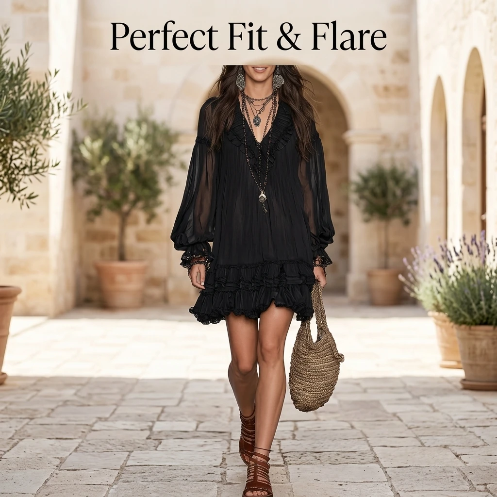 Women's V-Neck Ruffle Mini Dress Long Sleeve Flowy Boho Pleated Short Dress