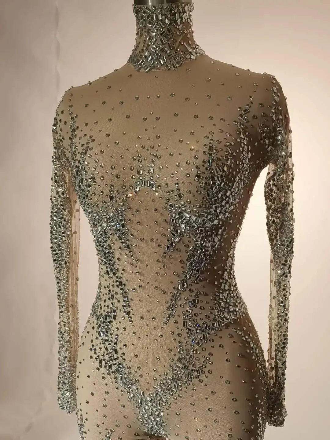 Disfraces de Drag Queen para hombres y mujeres, traje de fiesta de cumpleaños elástico con diamantes de imitación, brillante, espectáculo de club nocturno, transparente, desnudo, Sexy, monos