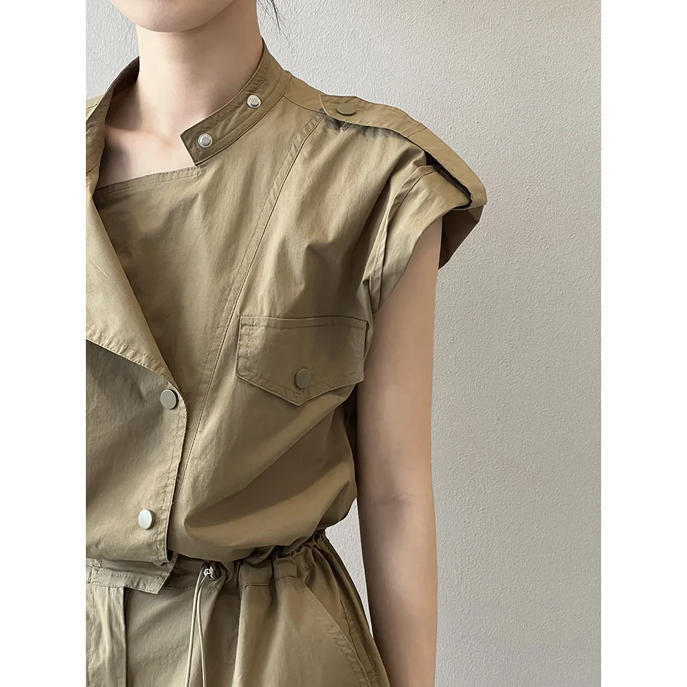 Women Clothing High-waisted Drawstring Cargo Jumpsuit 2024 Summer New Fashionable Stand-up Collar Flying Sleeve Jumpsuit Shorts