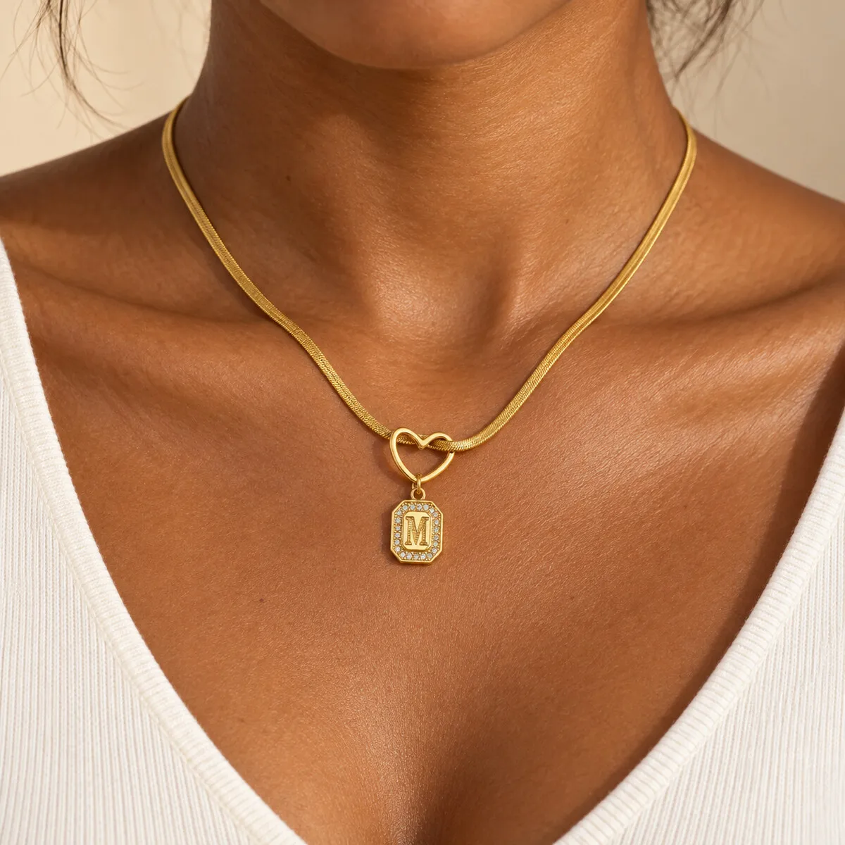 Gold Plated Letter Necklace for Women Men with Initial Charm Snake Chain and Heart Connector Octagon Cubic Zirconia Jewelry Gift