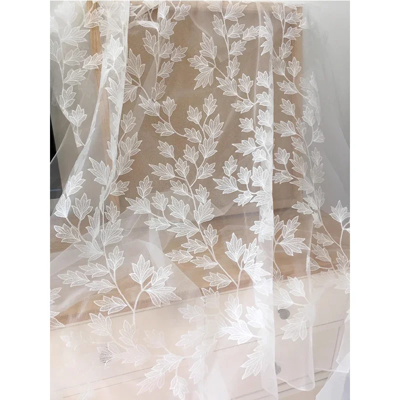 Off White Leaf Floral Lace Fabric for Wedding Gown Couture Dress Tulle Embroidery Lace Fabric Designer Fabric By the yard