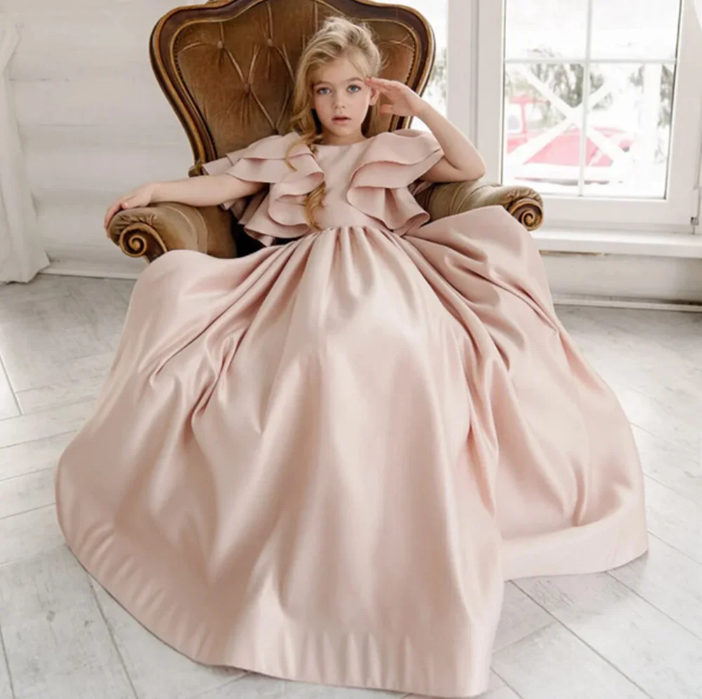 

Puff Pleat Sleeve O Neck Simple Bow Sweep Train Flower Girl Dress Floor Length Short Sleeve First Communion Dress Customized