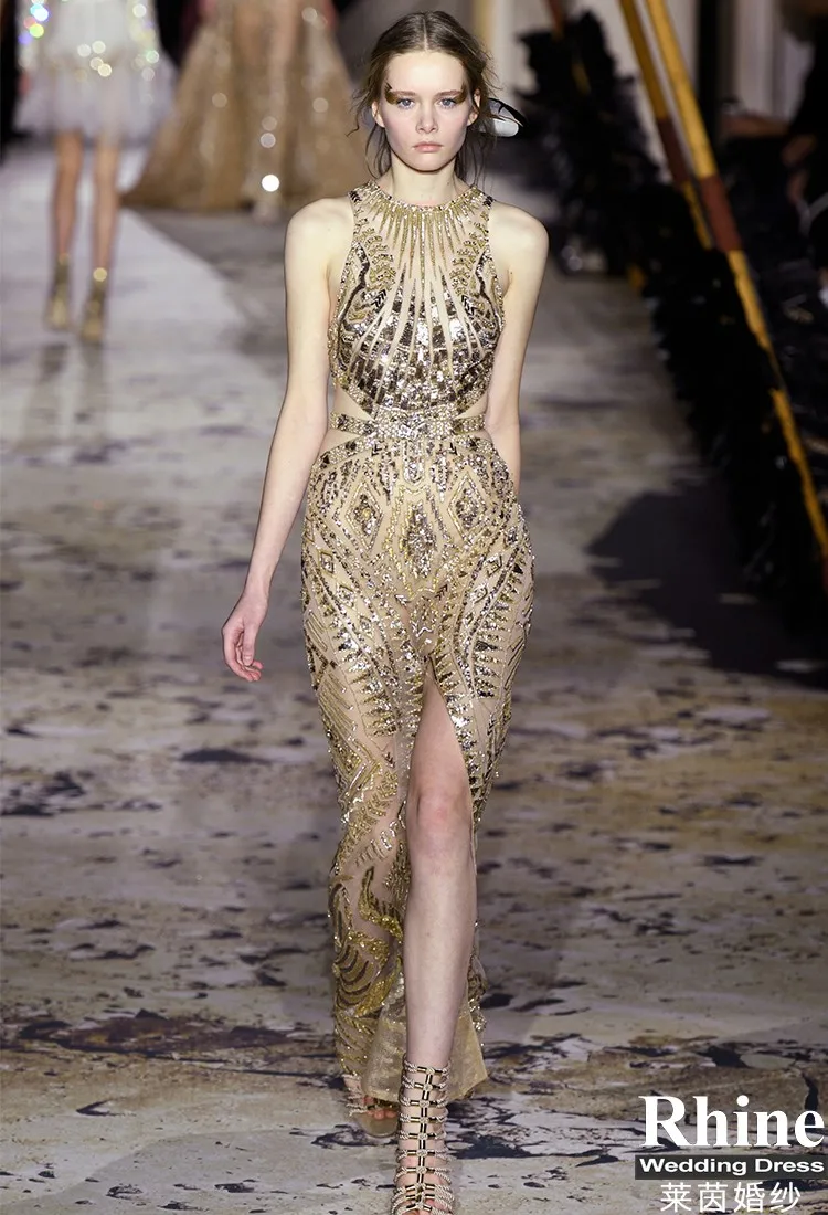 Hot Sale Zuhair Murad Gold Halter Beaded Sexy Mermaid  فساتين السهرة vestidos de fiesta  فساتين سهره evening dresses