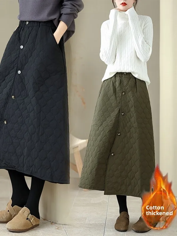 

Large Size A-Line Skirt with Button Design Cotton Insert Midi Diamond id Pattern Office Commute Sle Casual Long Skirt