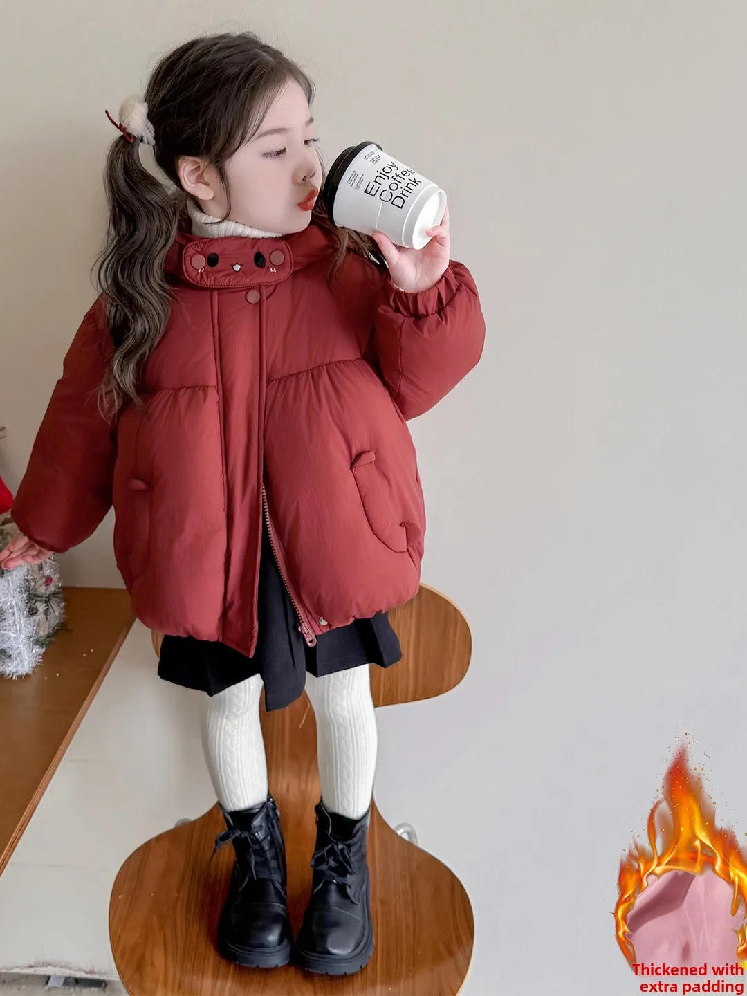 

Cute Hooded Cotton Jaet Winter Faion Thiened Warm Sli Girls Coat Children's Clothing Sweet Sle Long Sve Zi...