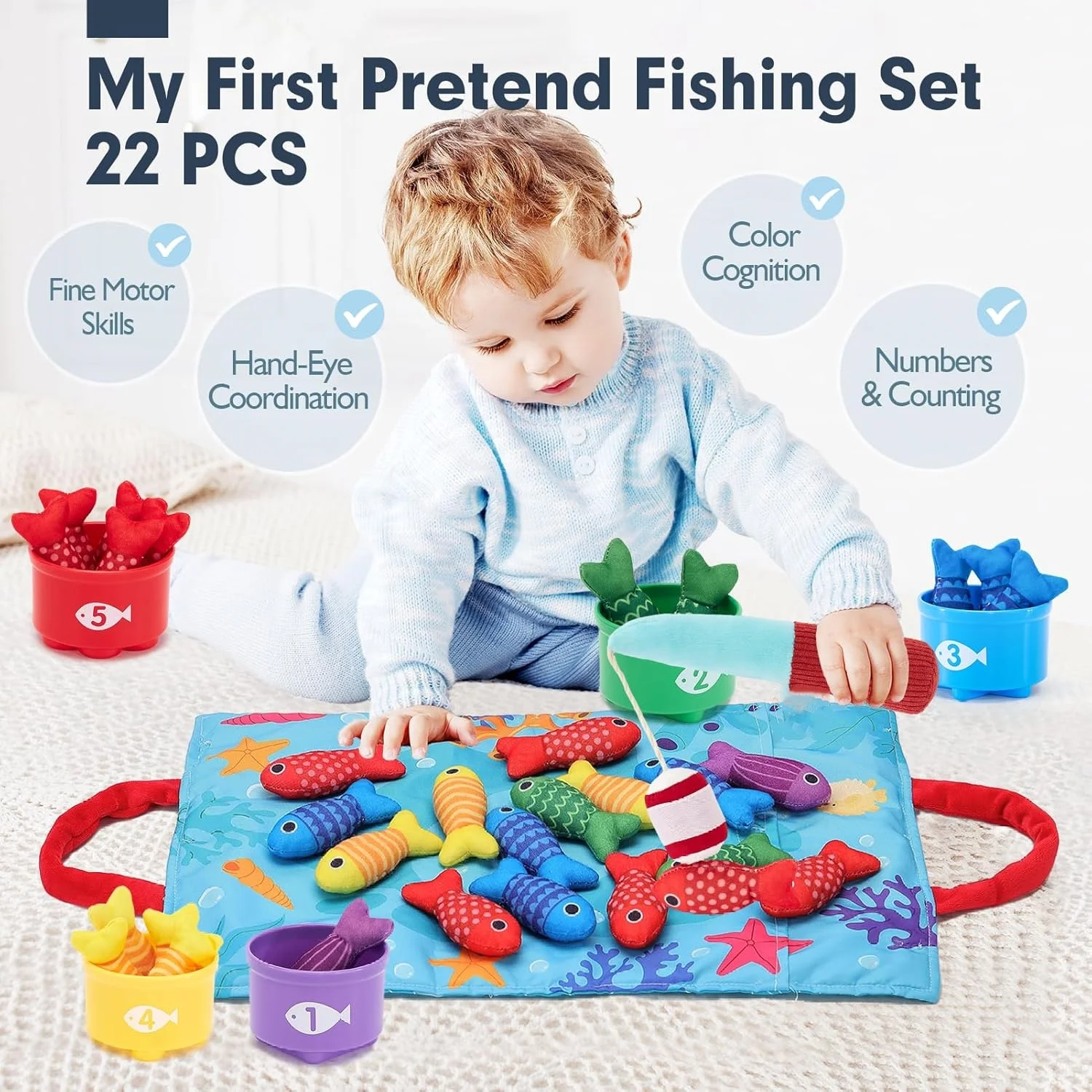 Brinquedo montessori para crianças, jogo de pesca de pano com copos de empilhamento, classificação de cores, brinquedo de educação precoce, contagem de números, brinquedo de matemática, presente