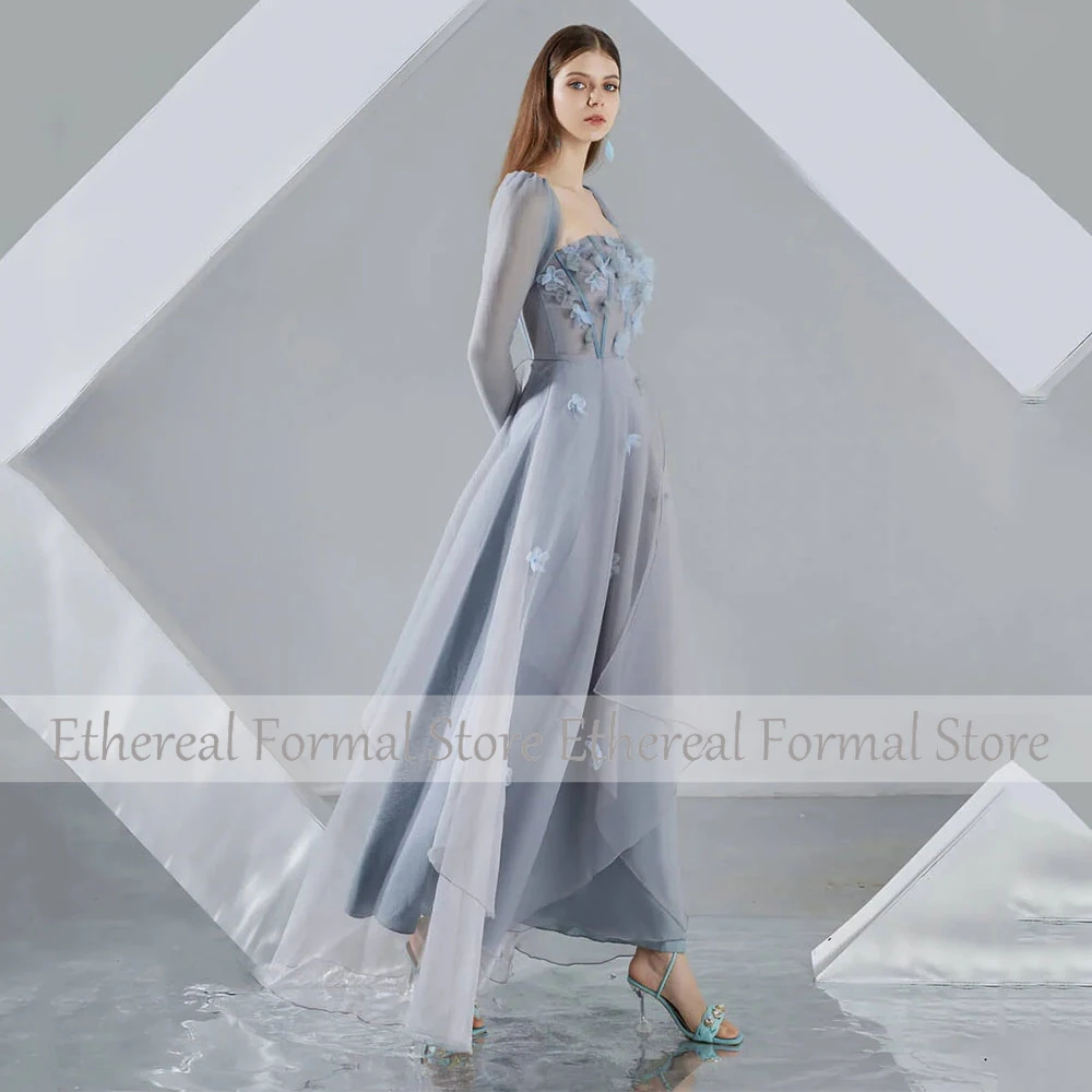 فستان سهرة من Beauty Organza بياقة مربعة على شكل حرف A فستان سهرة نسائي لحفلات الزفاف بطول الكاحل وأكمام طويلة فساتين رسمية