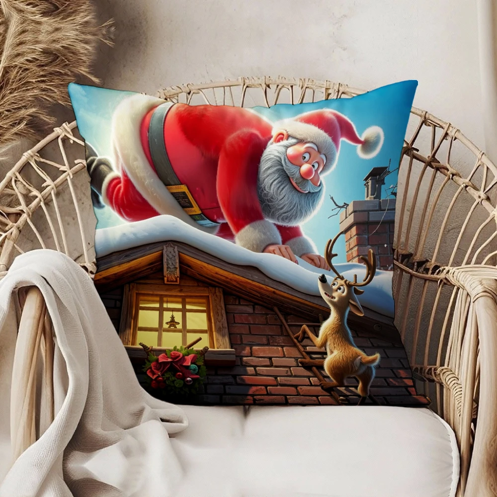 Rectangular Pillow Case Multicolor Santa Claus Climbing Roof With Reindeer Christmas Decoration For Living Room Sofa Chair