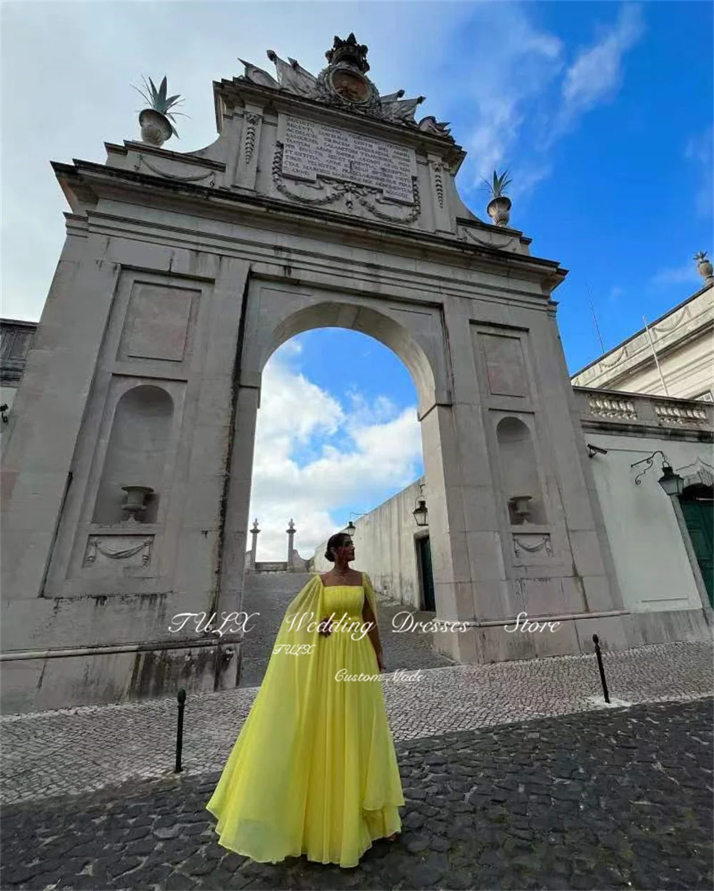 TULX Elegant Long Sleeve Yellow Prom Dresses with Cape A-Line Chiffon Pleated Floor Length Evening Dress for Women فساتين سهرة