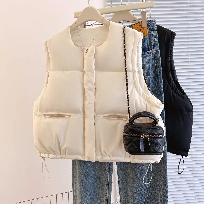 Solid Round Neck Women Autumn Winter Vest Jackets Quilted Cotton Fill Pockets Windproof Warm Loose Casual Gilet Outer Garment