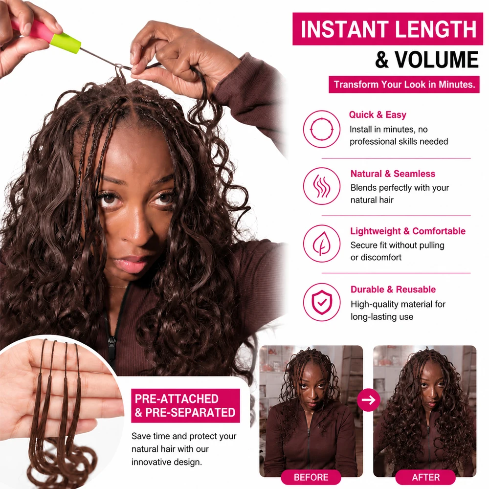 Brown Virgin Human Hair Feather Miracle Knots Body Wave Crochet Hair Extensions Knotless Pre Separated With Threading Lightweight Braiding Hair For Boho Braids Fashion Hairstyles For Women view 6