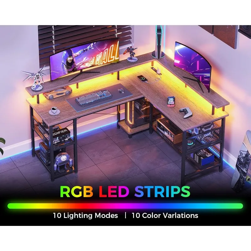 59 "L-Vormige Gaming-Desk Met Stopcontact En Led-Verlichting, Pc-Speeltafel Met Usb-Poorten, Omkeerbaar L-Vormig Bureau