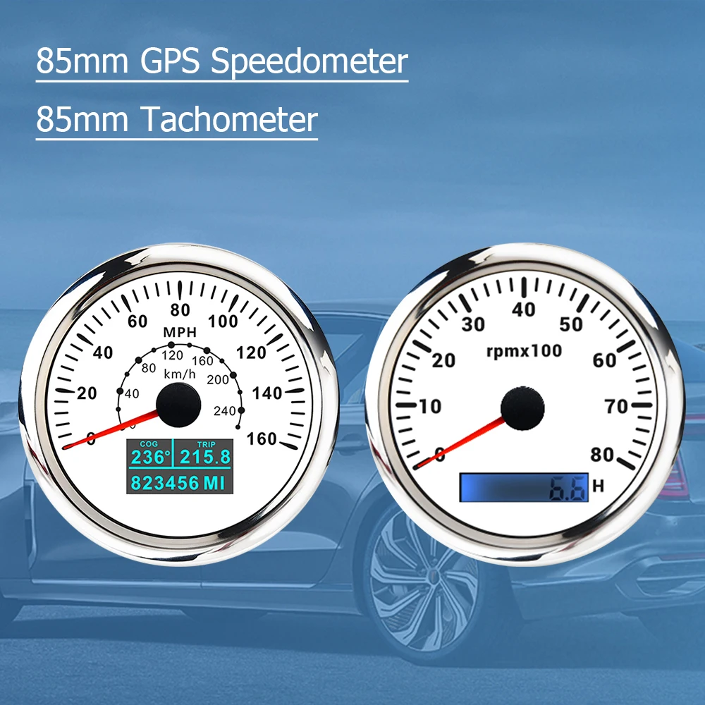 

RHAXEL Gauge Set 85mm GPS Speedometer 160MPH Tachometer 8000RPM with Hour Meter Backlight 12V 24V for Racing Yachts Motorcycle