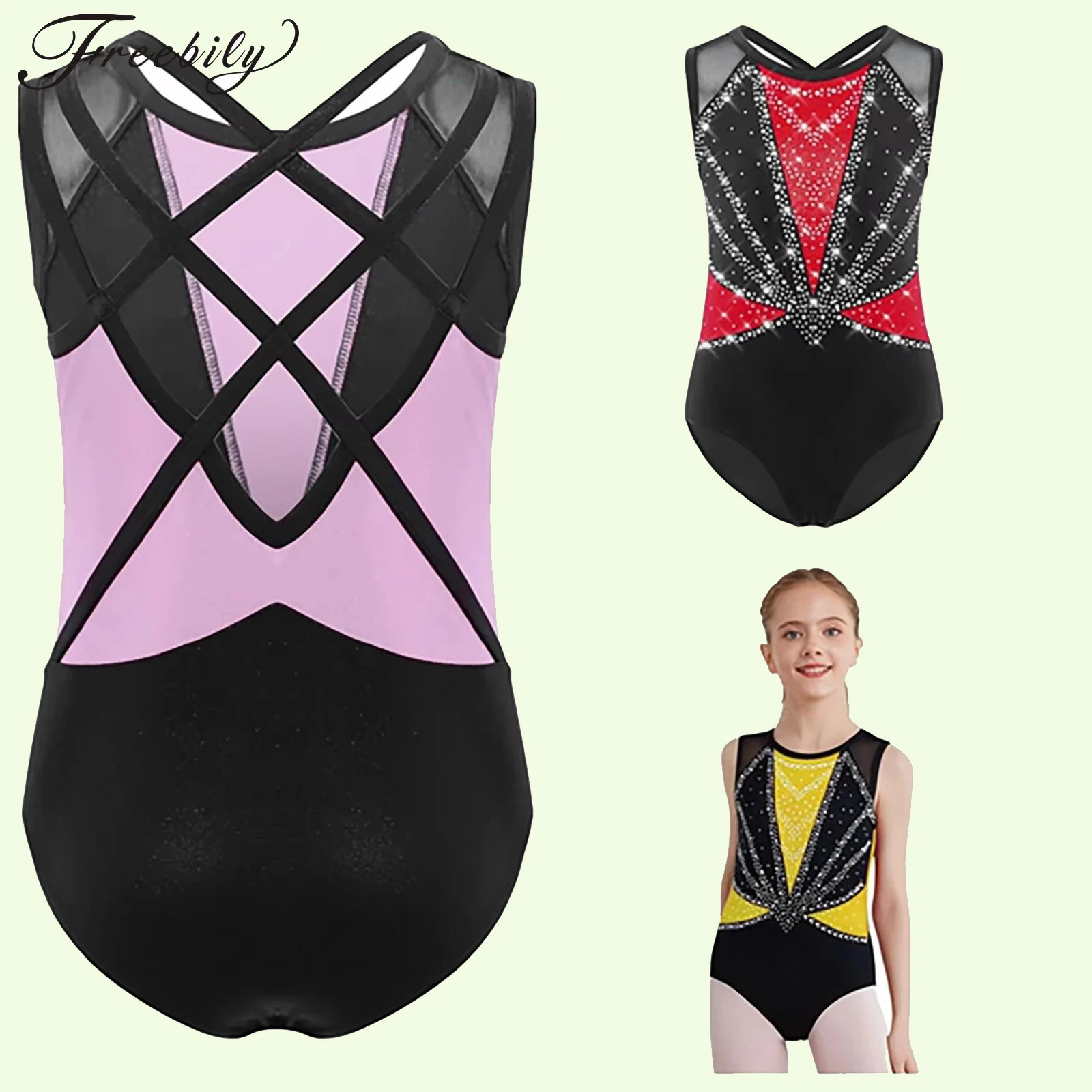 

Color Block Ballet Jumpsuit Kids Girls Crisscross Back Dance Bodysuit Gymnastics Leotard Jumpsuit Exercise Costume Dancewear