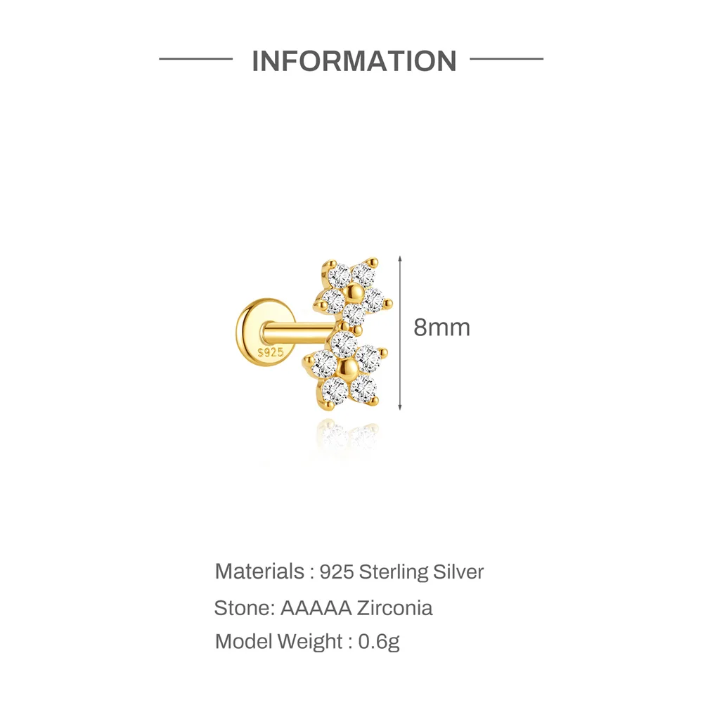 AIDE 925 Sterling Silber Fünfblättrige Blume Pferdeaugen CA Zirkon für Damen Knorpel Helix Flachrücken Piercing Ohrring Party Geschenke – Detail 12
